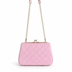 Quilted Pink Modern handbag with crossbody strap.
